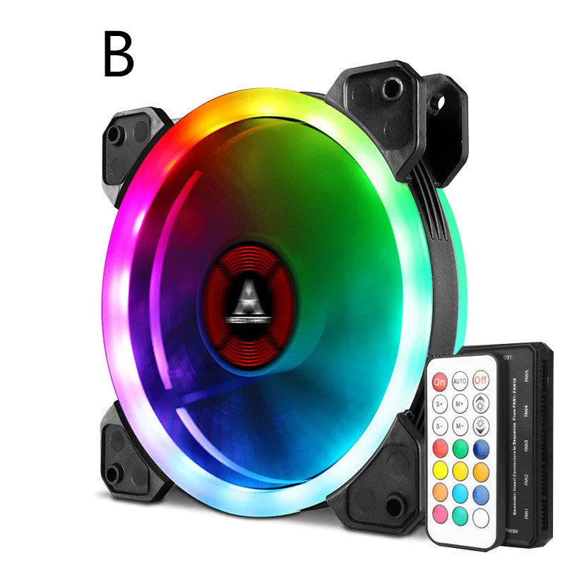 120mm camouflage pattern PC case fan with illuminated multicolour RGB blades on a dark background.