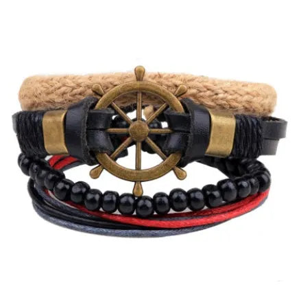 Handwoven adjustable leather bracelet with multilayer wooden beads and rope for a vintage punk style.