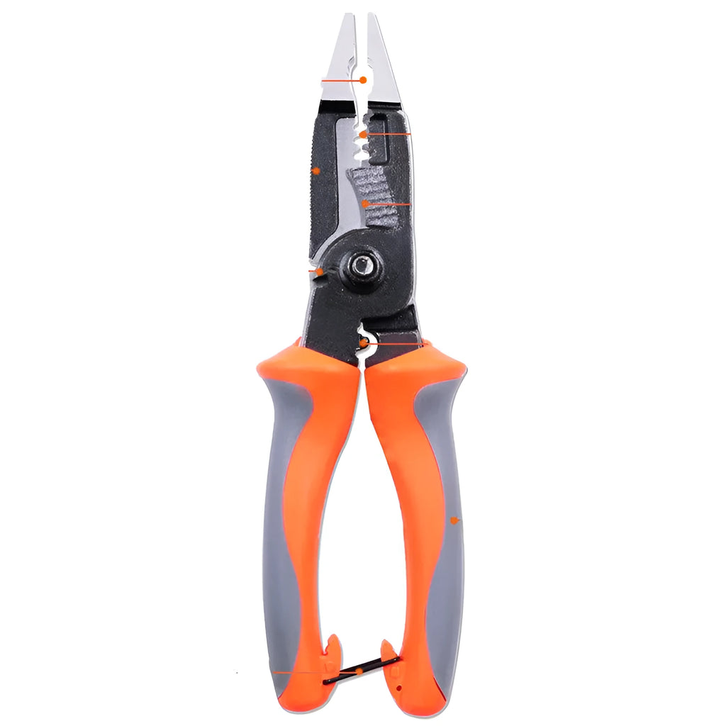 Orange multifunctional electrician's pliers with duckbill jaws and PPR handles, showing wire stripping notch.