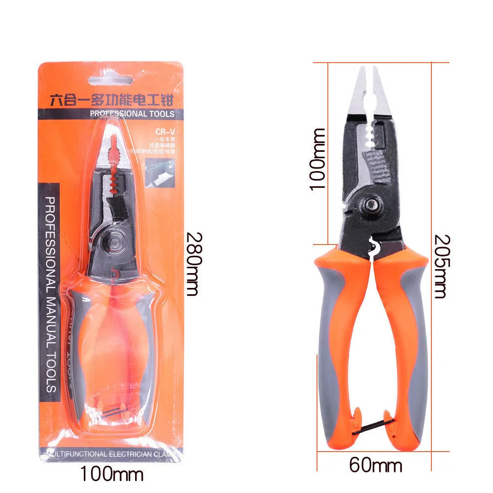 Orange multifunctional electrician's pliers with duckbill jaws and PPR handles, showing wire stripping notch.