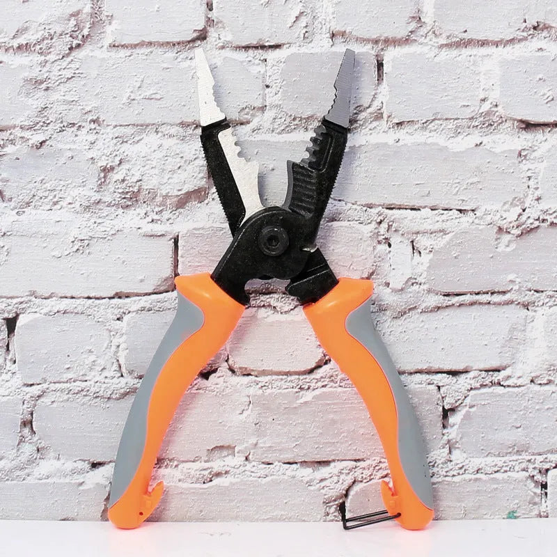 Orange multifunctional electrician's pliers with duckbill jaws and PPR handles, showing wire stripping notch.