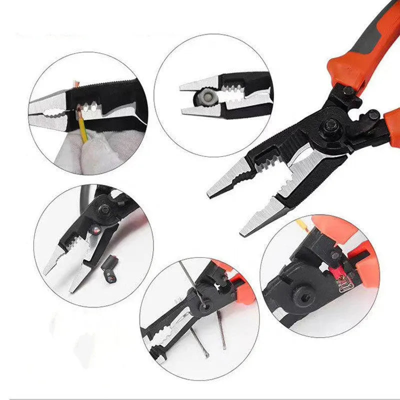 Orange multifunctional electrician's pliers with duckbill jaws and PPR handles, showing wire stripping notch.