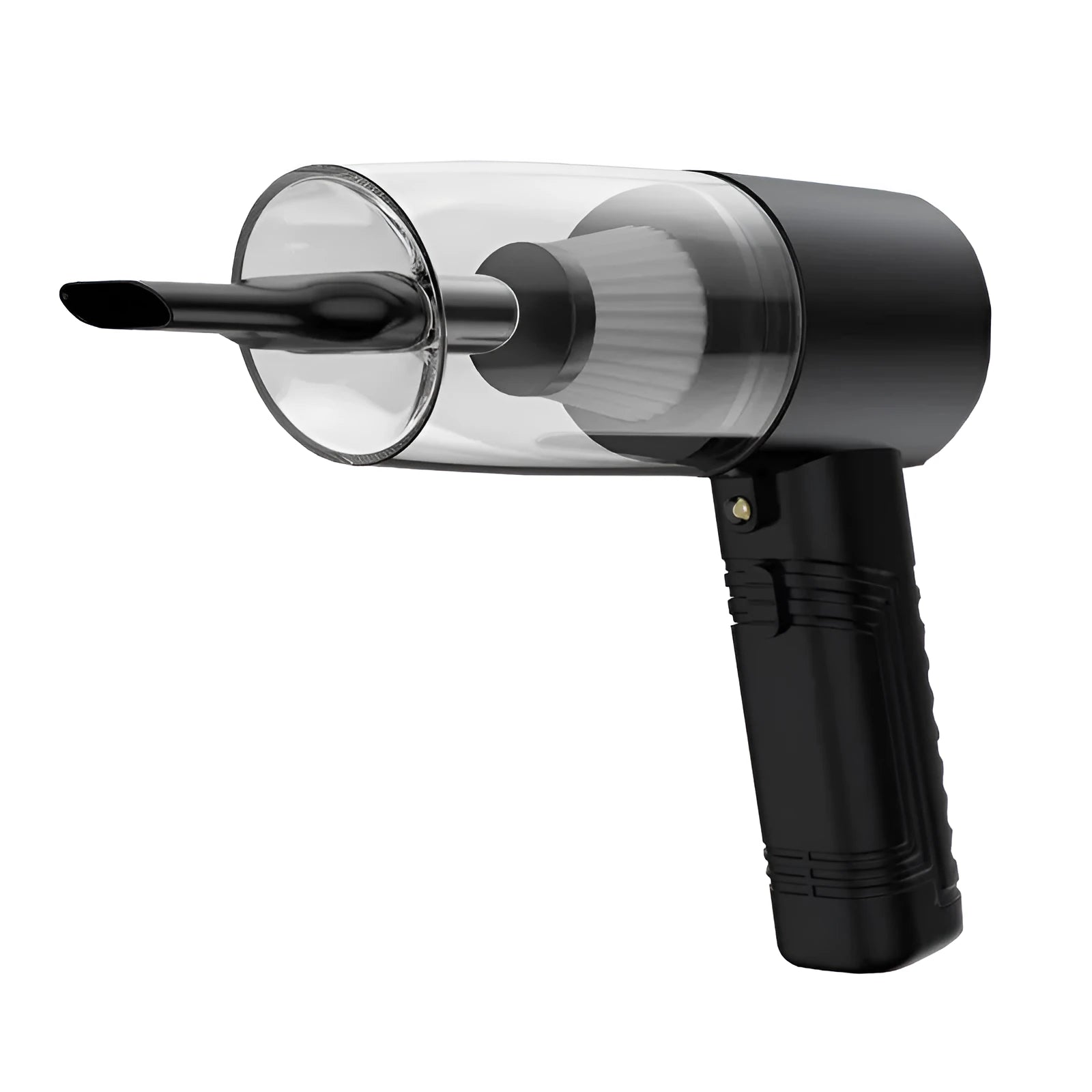 Mini handheld car vacuum cleaner in black or white with suction heads and a long power cable.