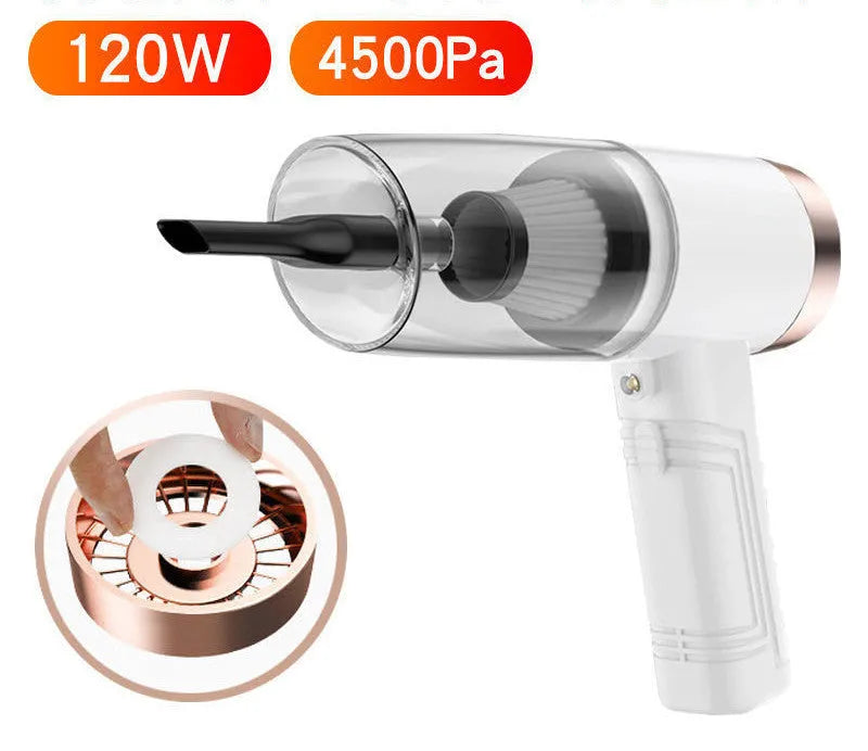 Mini handheld car vacuum cleaner in black or white with suction heads and a long power cable.