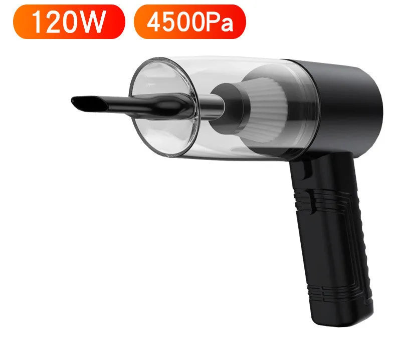 Mini handheld car vacuum cleaner in black or white with suction heads and a long power cable.