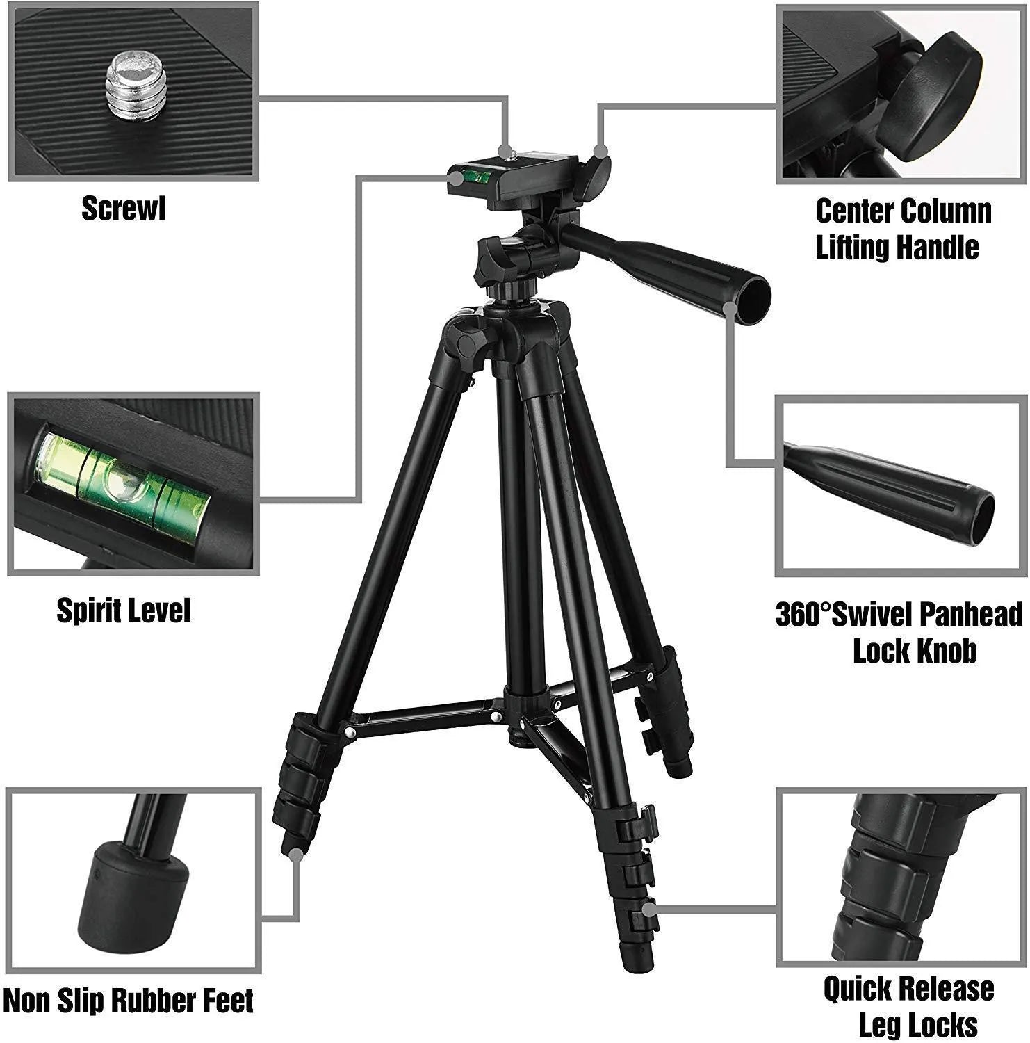 Black aluminium alloy portable camera tripod with 3D head fully extended to 102cm