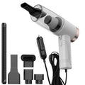 Mini handheld car vacuum cleaner in black or white with suction heads and a long power cable.