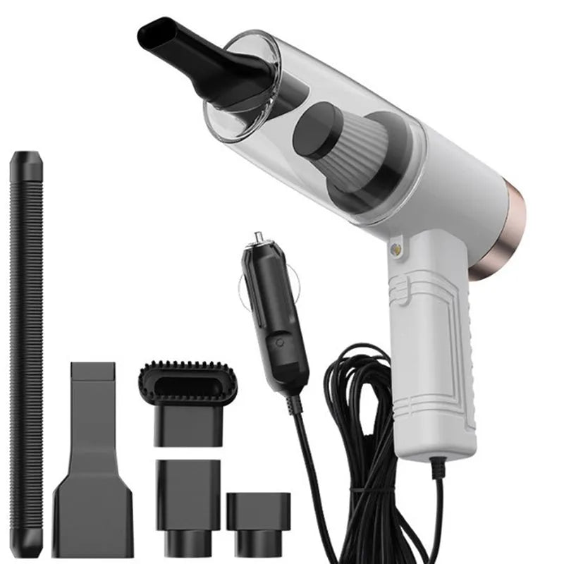 Mini handheld car vacuum cleaner in black or white with suction heads and a long power cable.