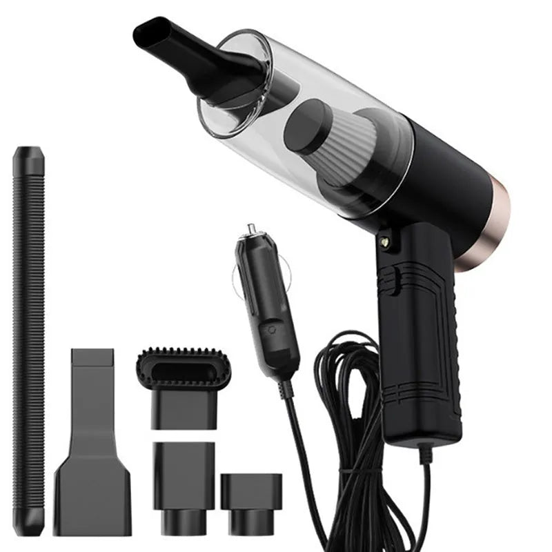 Mini handheld car vacuum cleaner in black or white with suction heads and a long power cable.