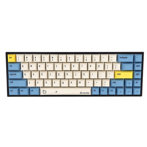 Set of 68 PBT keycaps for a mechanical keyboard displayed in various colours including blue, pink, grey, and yellow.