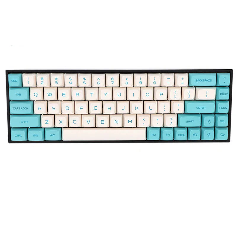 Set of 68 PBT keycaps for a mechanical keyboard displayed in various colours including blue, pink, grey, and yellow.