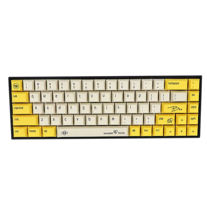 Set of 68 PBT keycaps for a mechanical keyboard displayed in various colours including blue, pink, grey, and yellow.
