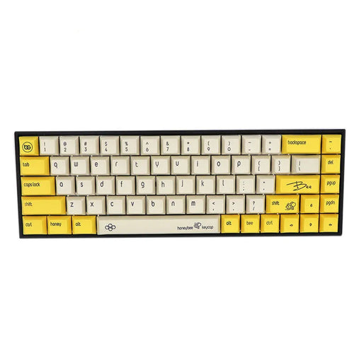 Set of 68 PBT keycaps for a mechanical keyboard displayed in various colours including blue, pink, grey, and yellow.