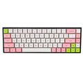 Set of 68 PBT keycaps for a mechanical keyboard displayed in various colours including blue, pink, grey, and yellow.