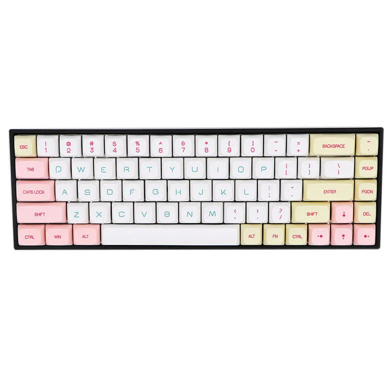 Set of 68 PBT keycaps for a mechanical keyboard displayed in various colours including blue, pink, grey, and yellow.