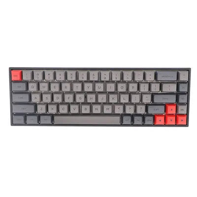 Set of 68 PBT keycaps for a mechanical keyboard displayed in various colours including blue, pink, grey, and yellow.