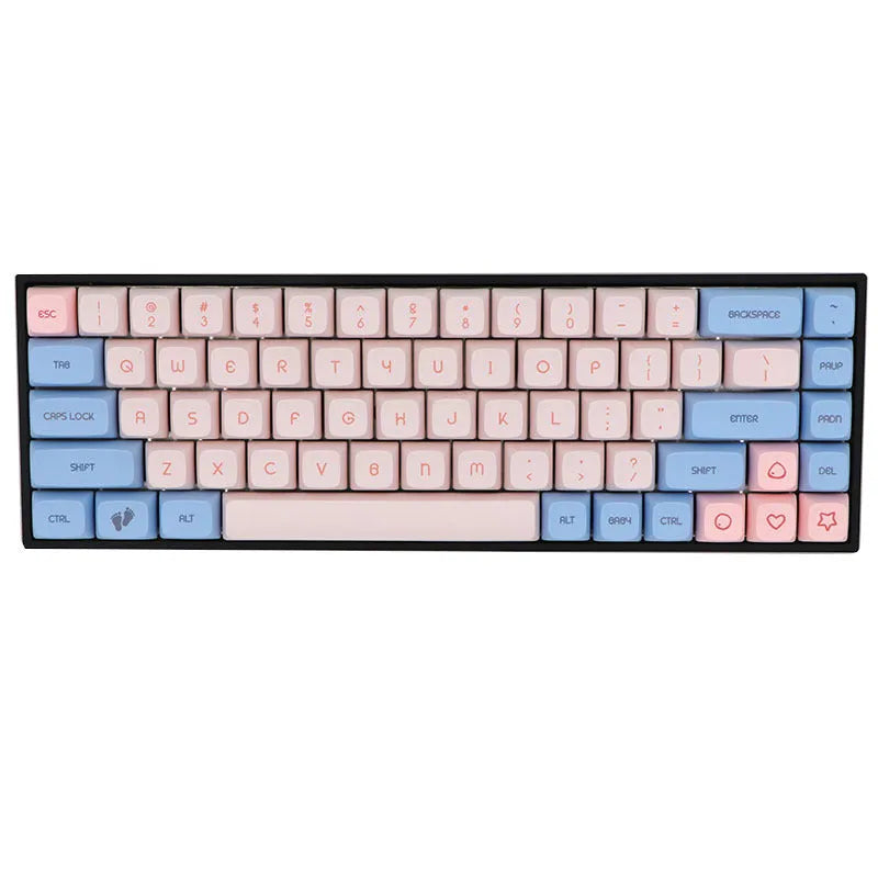 Set of 68 PBT keycaps for a mechanical keyboard displayed in various colours including blue, pink, grey, and yellow.