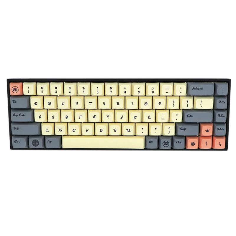 Set of 68 PBT keycaps for a mechanical keyboard displayed in various colours including blue, pink, grey, and yellow.
