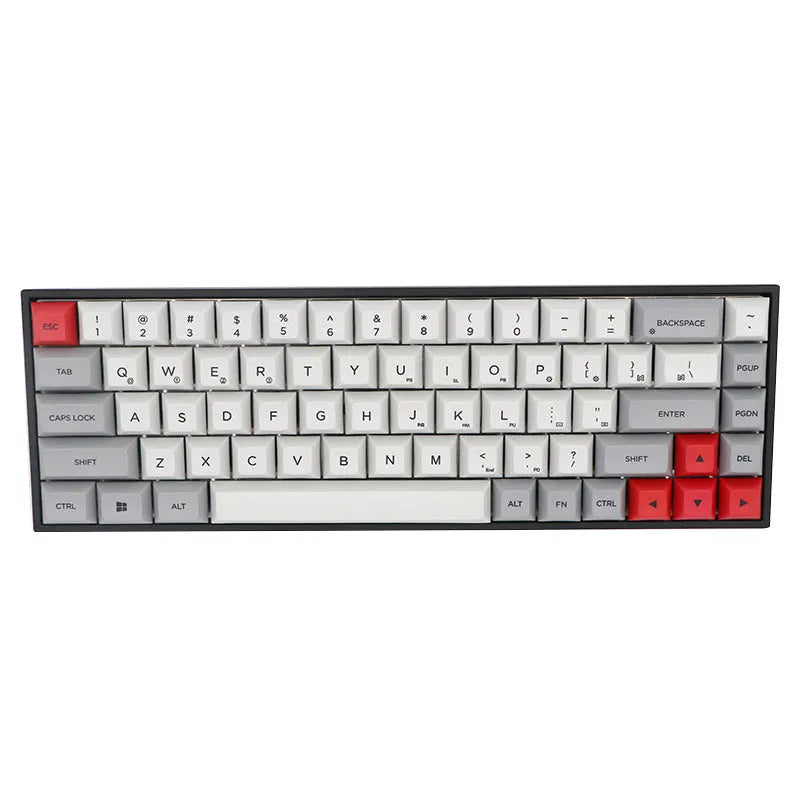 Set of 68 PBT keycaps for a mechanical keyboard displayed in various colours including blue, pink, grey, and yellow.