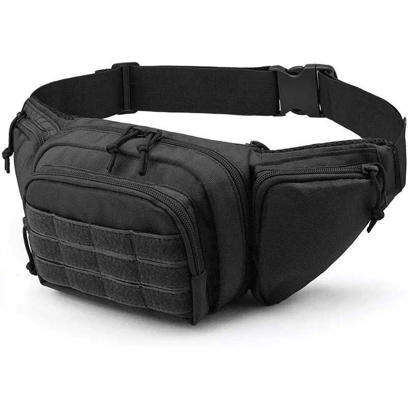 Black tactical waist bag with adjustable strap shown on a model
