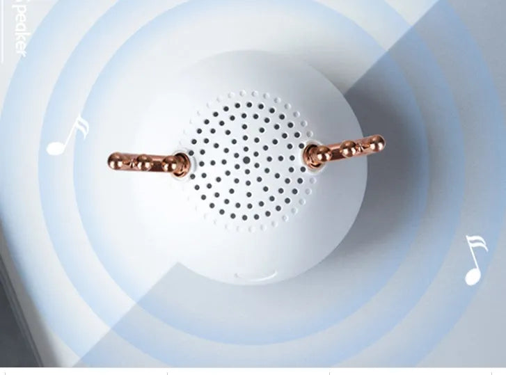Compact portable Bluetooth speaker with white finish showing 75mm diameter dimensions