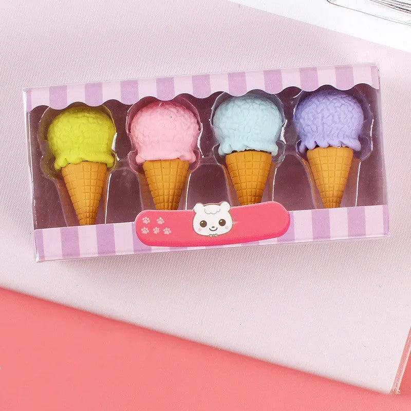 Set of 12 colourful cartoon food erasers including ice cream cones, donuts, and lollipops for children