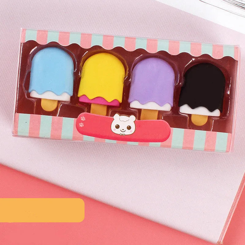 Set of 12 colourful cartoon food erasers including ice cream cones, donuts, and lollipops for children