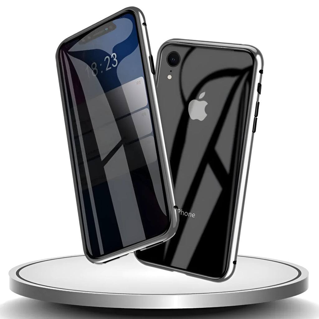 Closed black clamshell privacy case for iPhone showing front screen and sliding camera cover tabs.