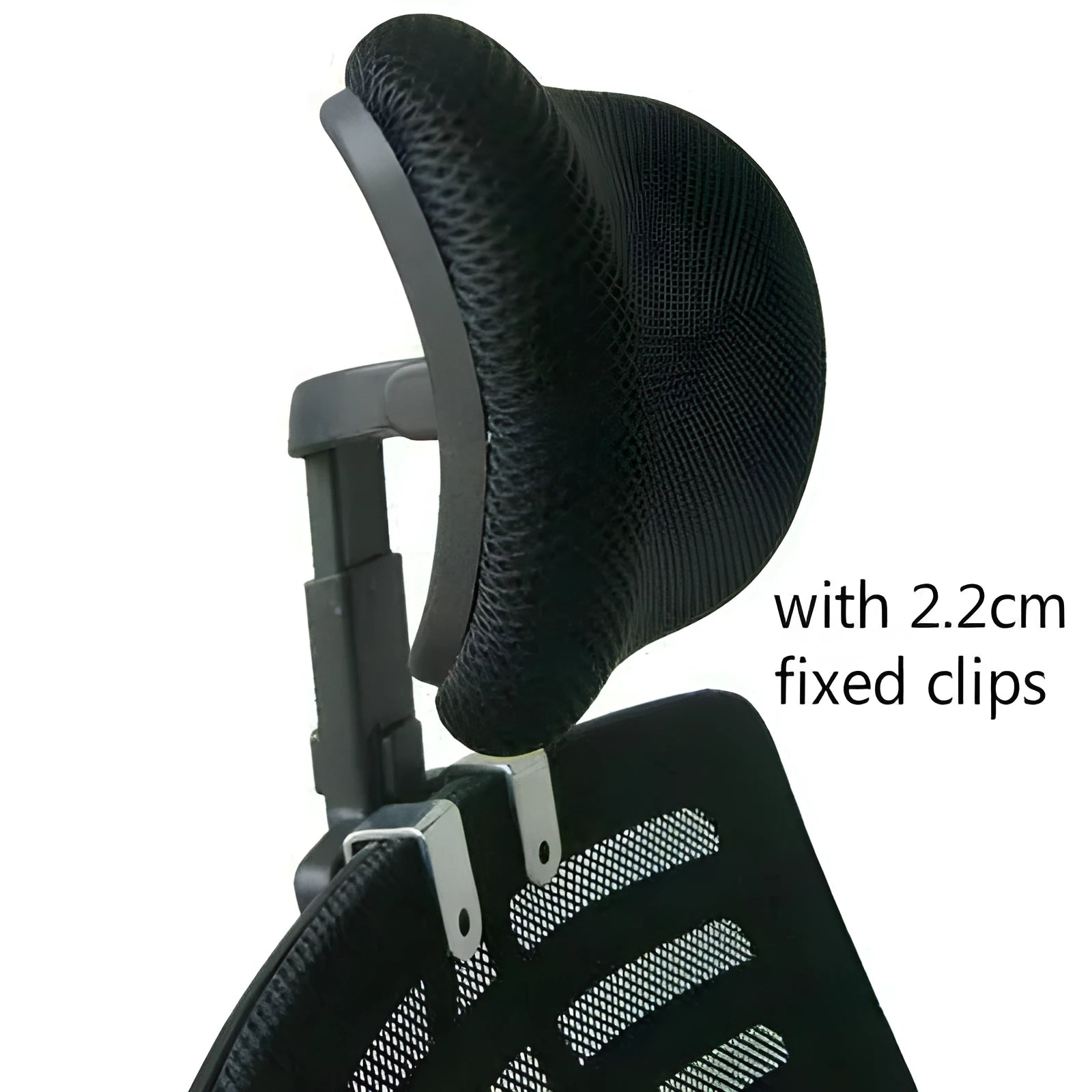 Plastic headrest for office chair with galvanised clip in black finish on chair back