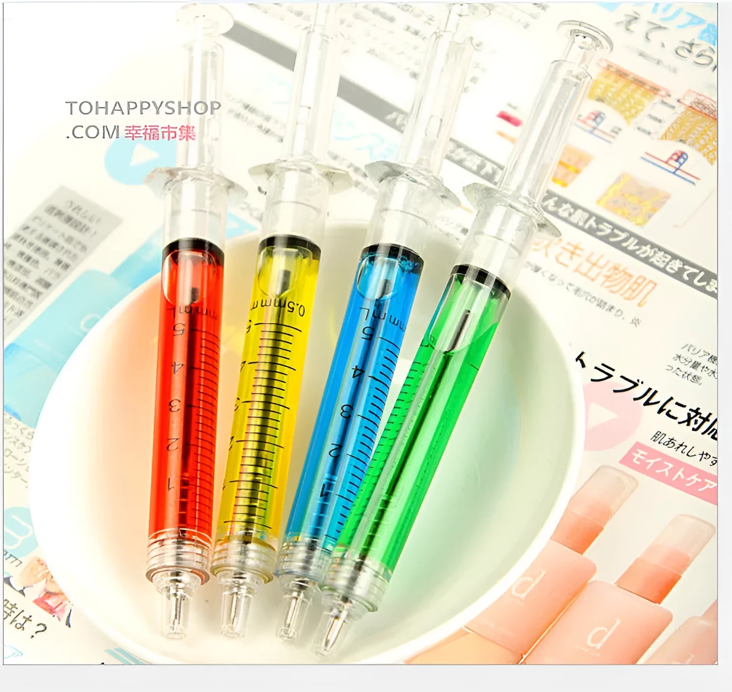 Syringe ballpoint pen in blue colour option with push mechanism and plastic body