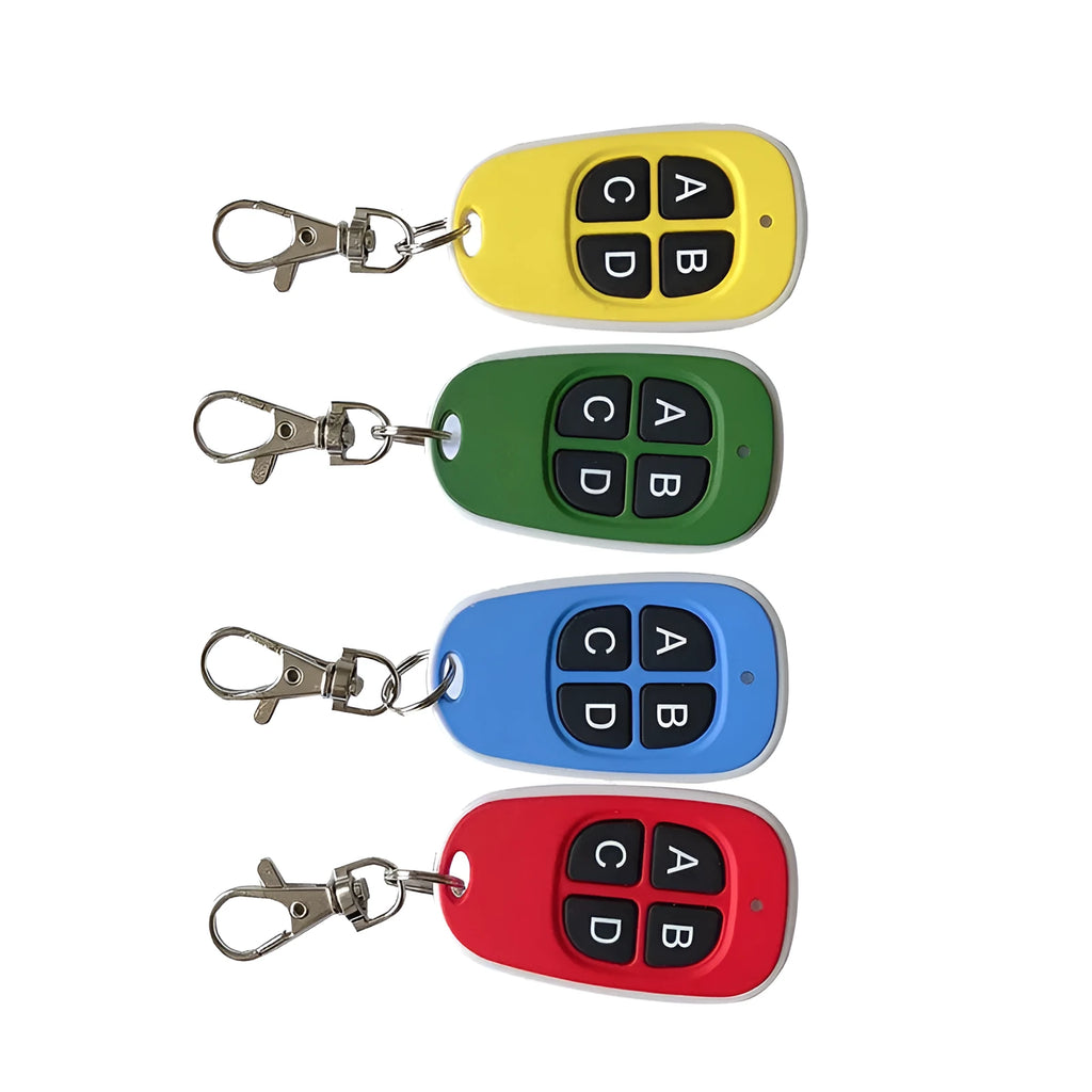 Four-button wireless remote control 56x32x11mm with red, yellow, green, and blue colour options