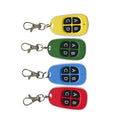 Four-button wireless remote control 56x32x11mm with red, yellow, green, and blue colour options