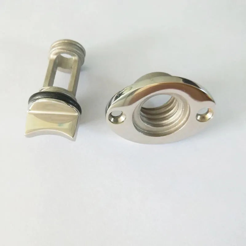 Stainless steel marine water plug for ship and yacht drainage measuring 38mm by 50mm