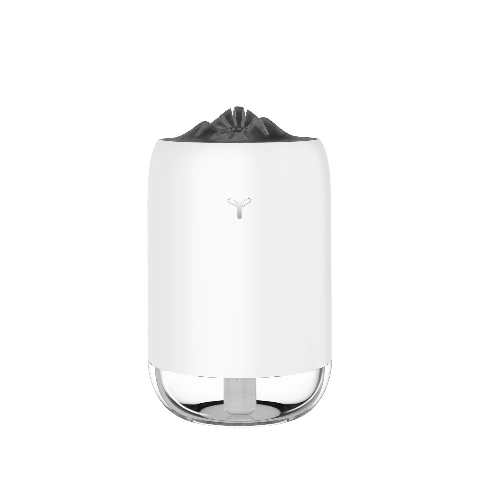 White Magic Flame columnar humidifier with USB cable on a desk