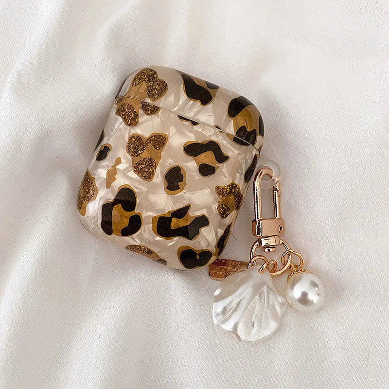 Shell yellow leopard print soft TPU flip case for Apple AirPods Pro with decorative heart ornament