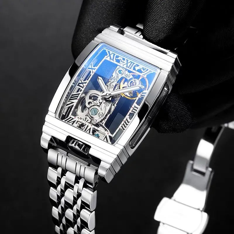 Daystar square stainless steel mechanical watch with leather strap showing 42mm case