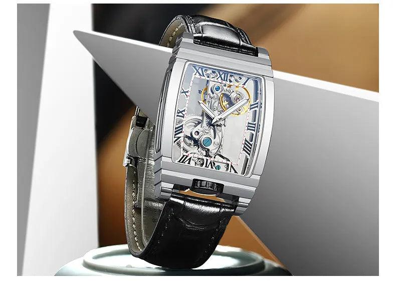 Daystar square stainless steel mechanical watch with leather strap showing 42mm case
