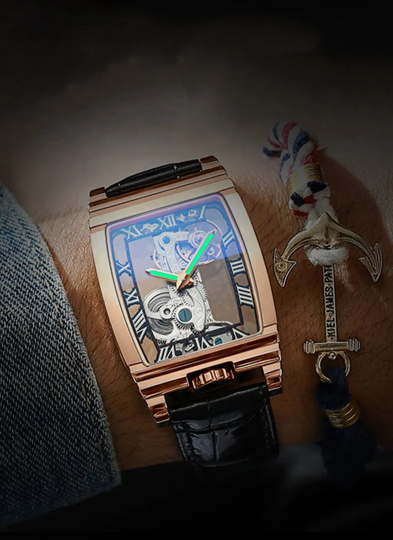 Daystar square stainless steel mechanical watch with leather strap showing 42mm case