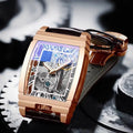 Daystar square stainless steel mechanical watch with leather strap showing 42mm case