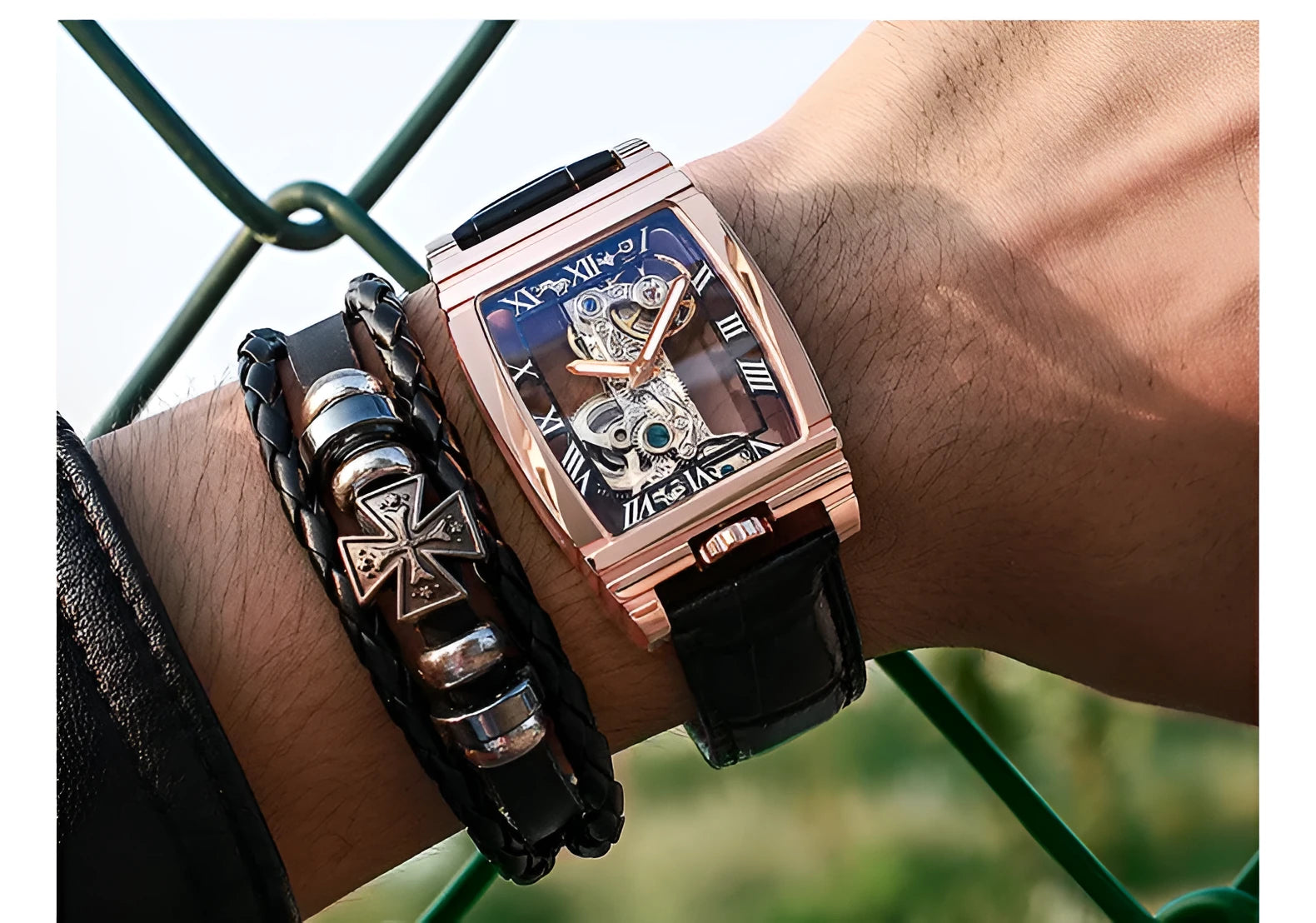 Daystar square stainless steel mechanical watch with leather strap showing 42mm case