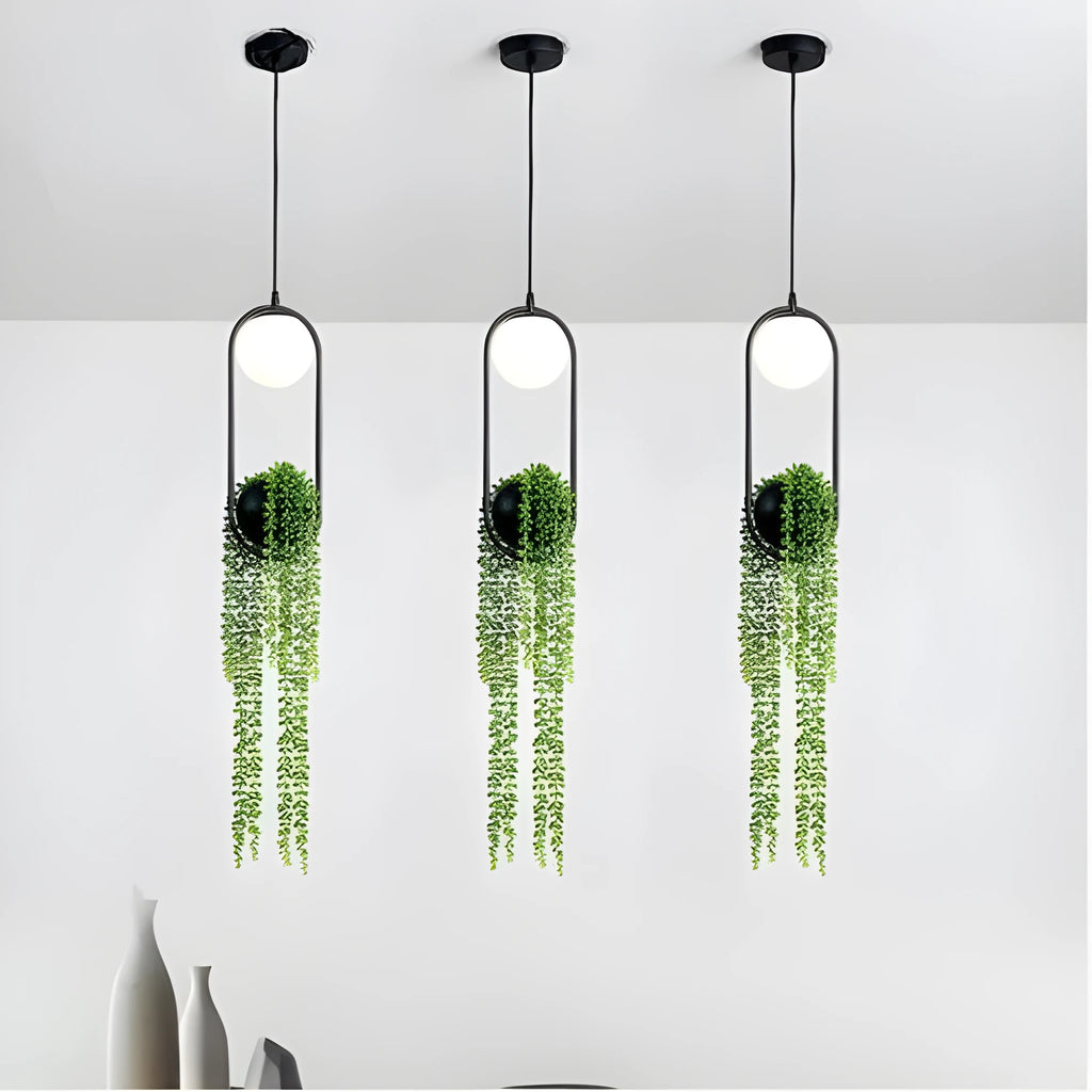 Creative iron aisle chandelier with a fishing line shape and integrated flower pot design.