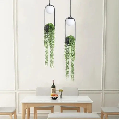 Creative iron aisle chandelier with a fishing line shape and integrated flower pot design.