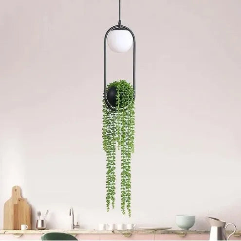Creative iron aisle chandelier with a fishing line shape and integrated flower pot design.