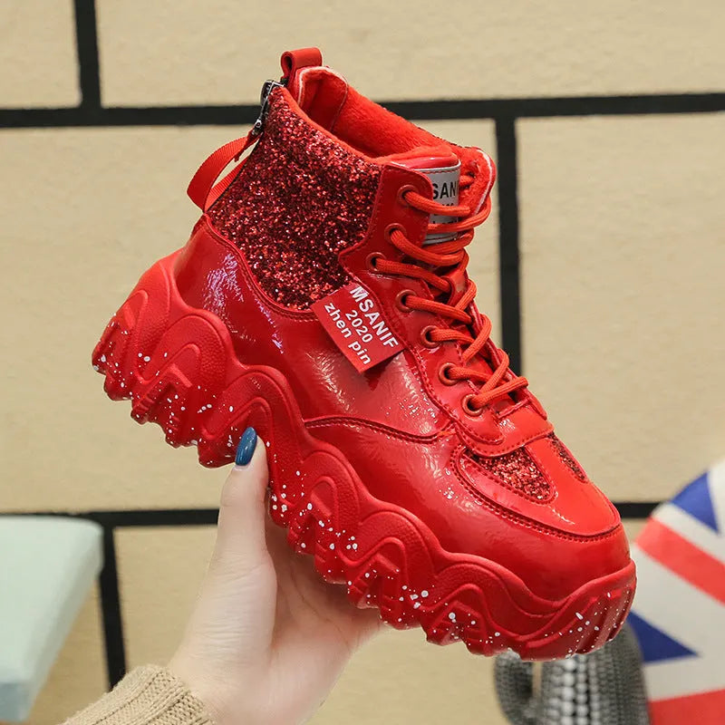 Big wavy snowflake daddy shoes with sequins, cross ties, rhinestones, sponge cake heel, waterproof platform, round toe, solid colour