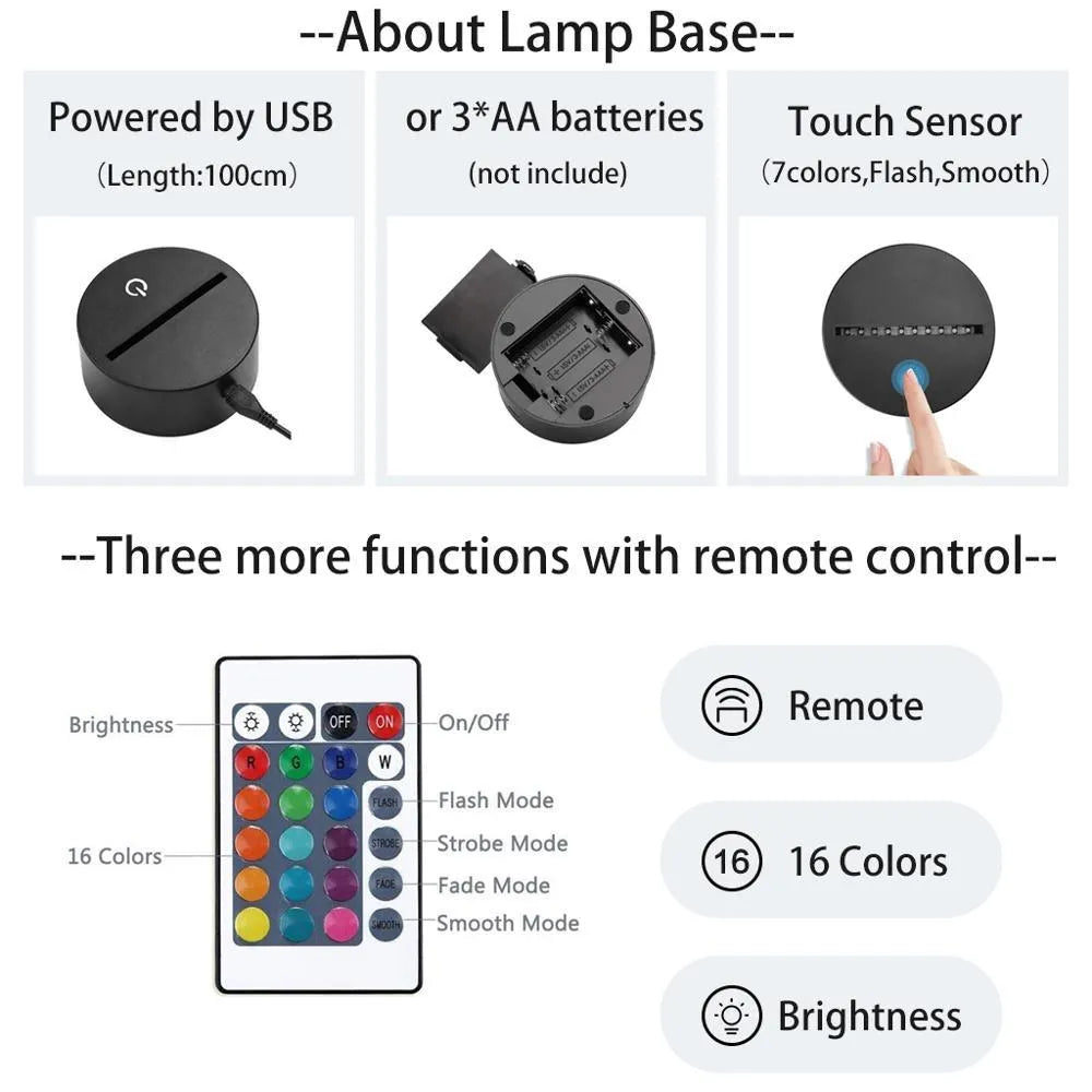 Black-based touch remote control LED desk lamp with acrylic shade on a nightstand.