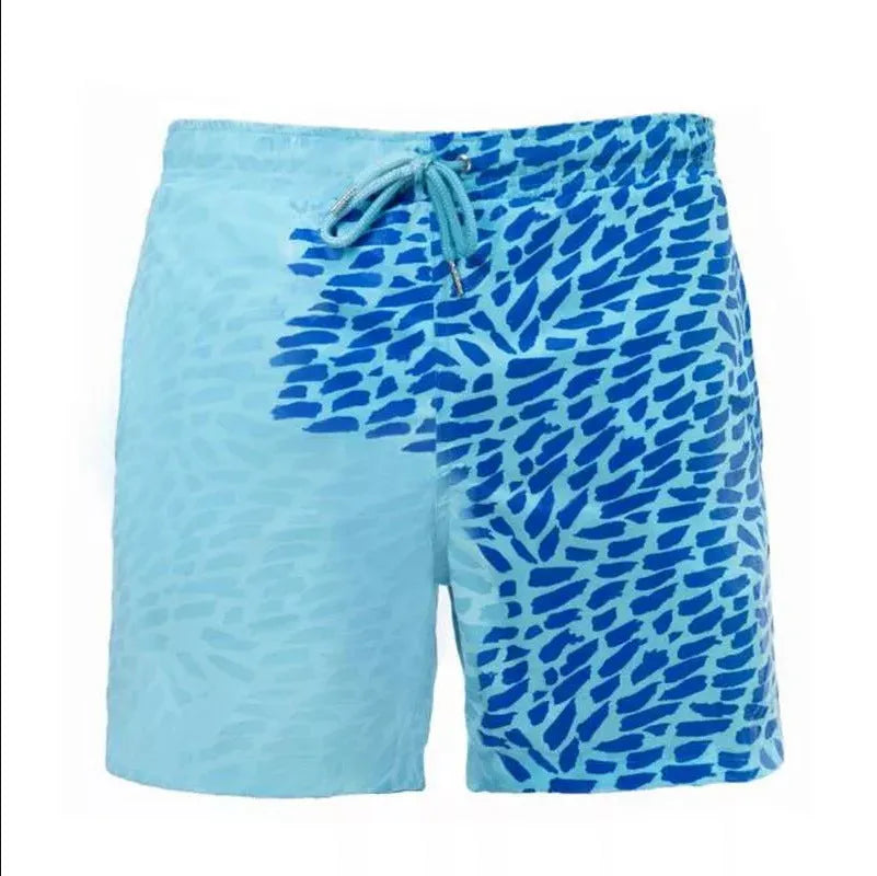 Magical colour-changing beach shorts for men in blue, with drawstring waist and quick-dry polyester fabric