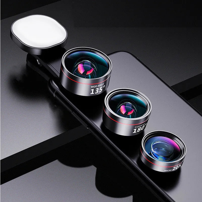 Universal smartphone fill light attachment with triple lens kit including wide angle, macro, and fish eye lenses
