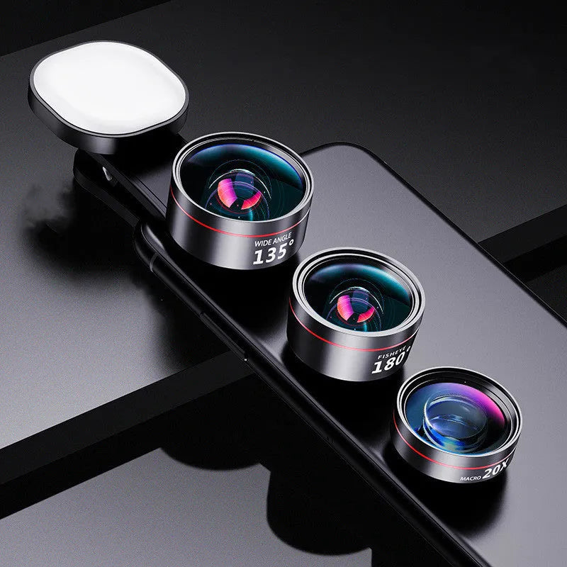 Universal smartphone fill light attachment with triple lens kit including wide angle, macro, and fish eye lenses