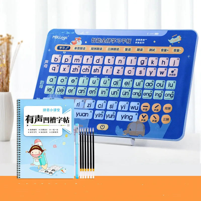Children's interactive audio wall chart for learning Chinese characters and spelling, showing tablet and Pinyin cards.