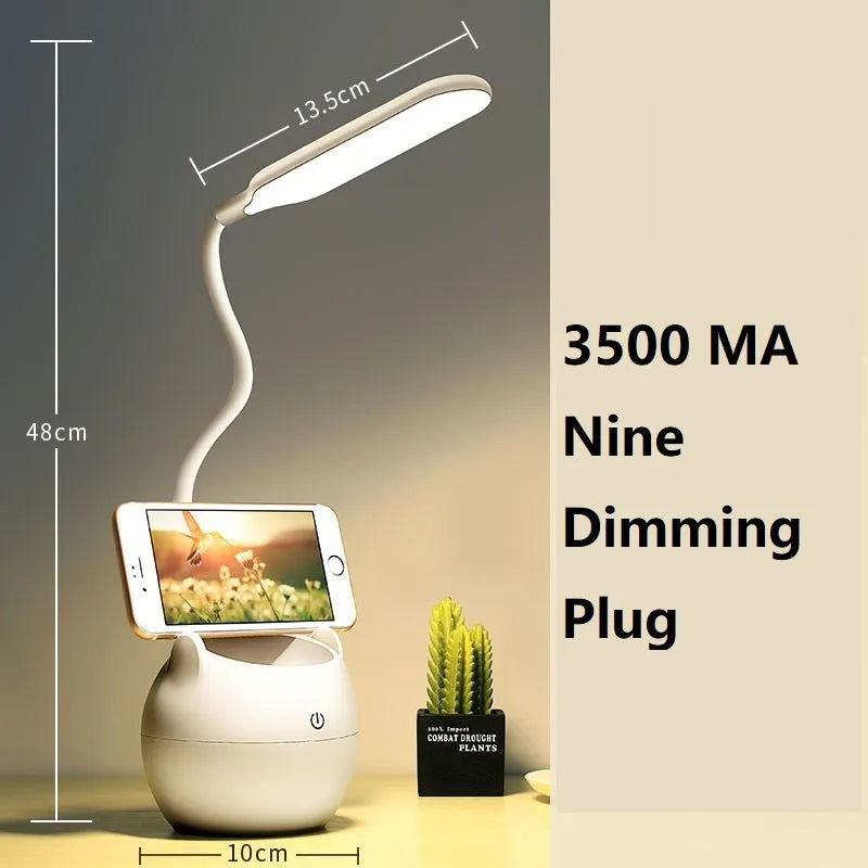 White rechargeable LED clip desk lamp with adjustable brightness settings and eye protection design for study use